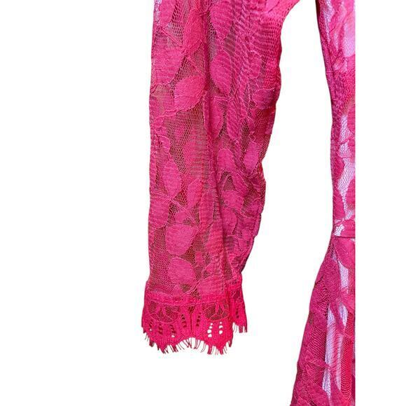 Free People FP Women 2 Floral Mesh Lace Mini Dress Red Lace Overlay 3/4 Sleeves - Picture 11 of 14